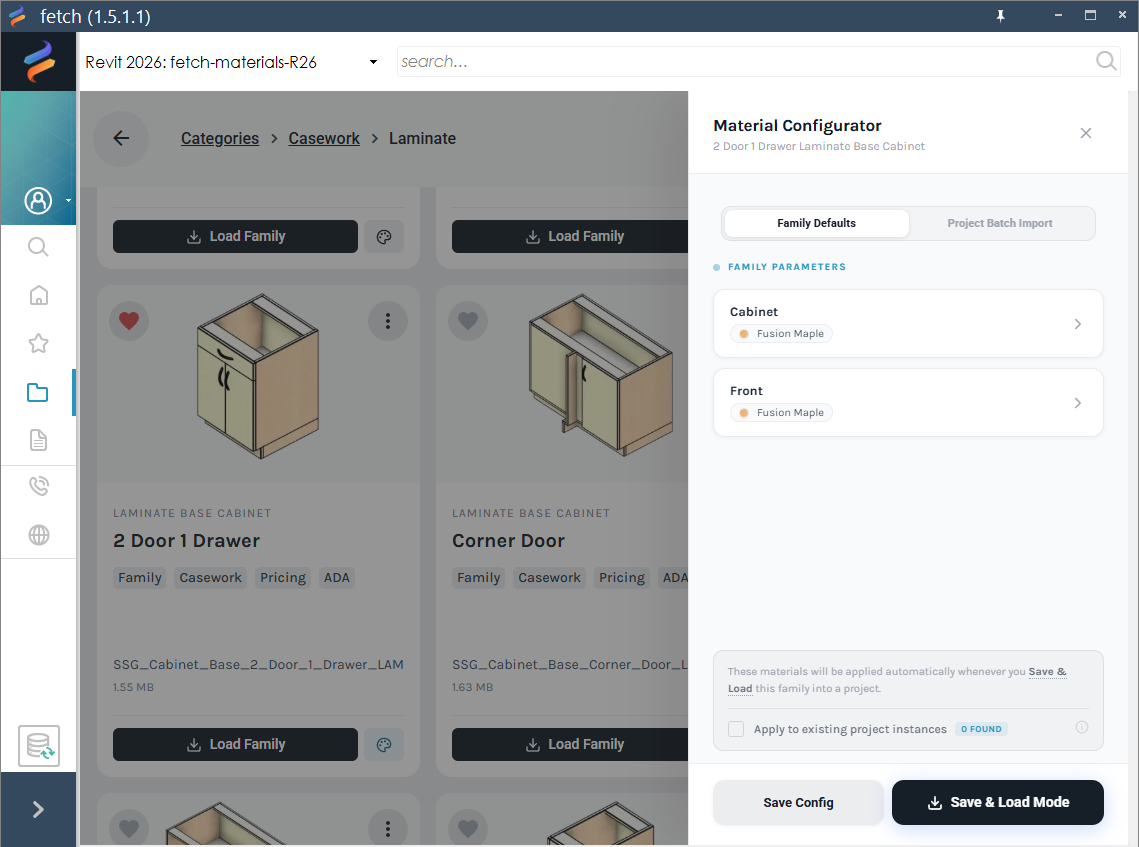 Materials section on a Fetch family card showing finish swatches and previews for a Revit product