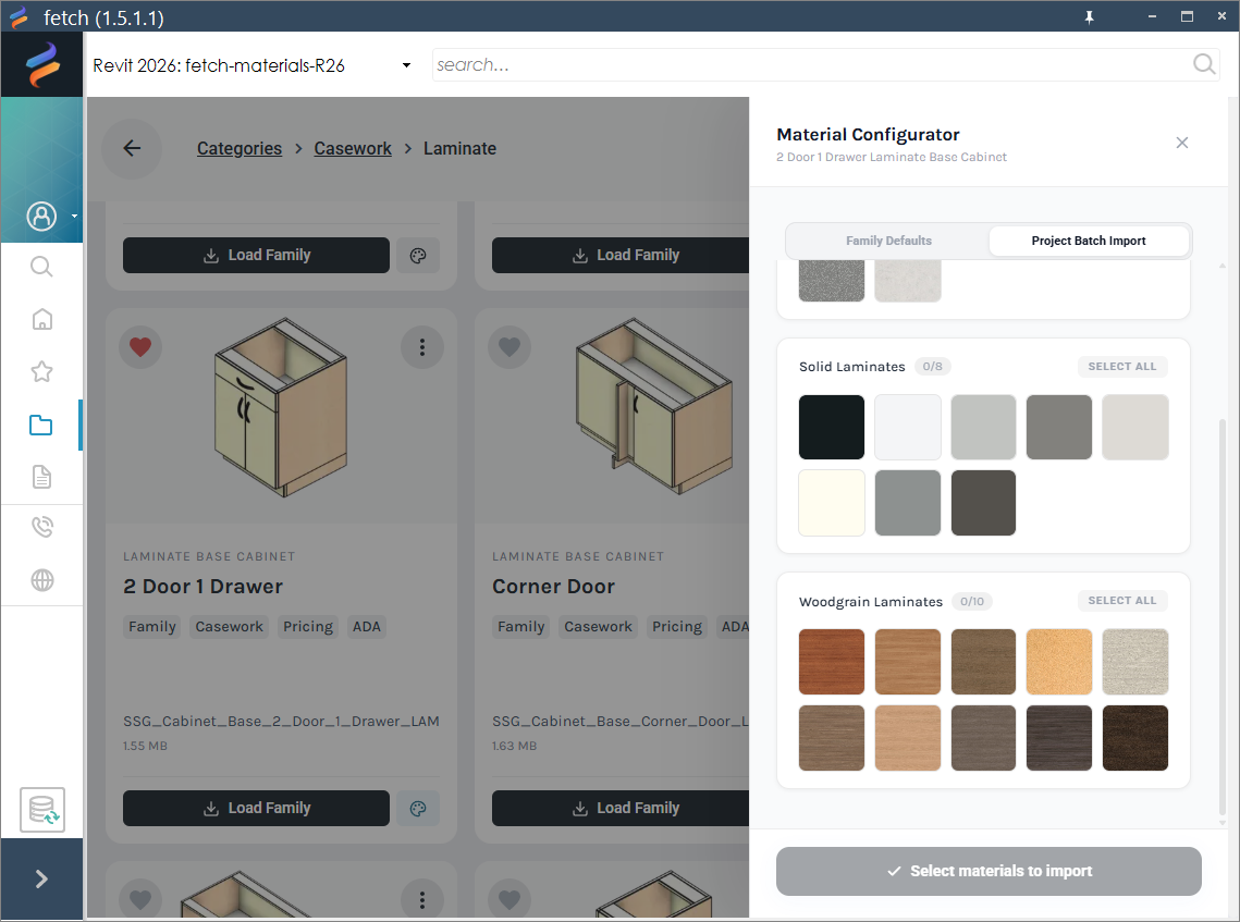 Grid of real manufacturer upholstery finish swatches shown for a specific product in the Fetch app